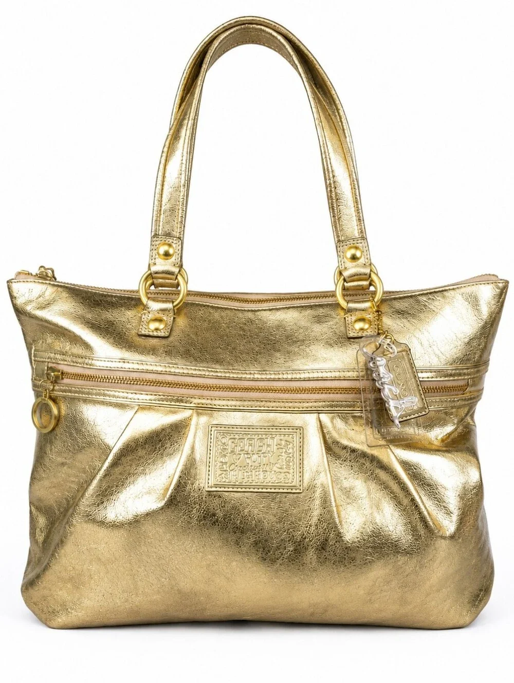 Coach Poppy Metallic Gold Leather Tote With Cursive Coach Charm